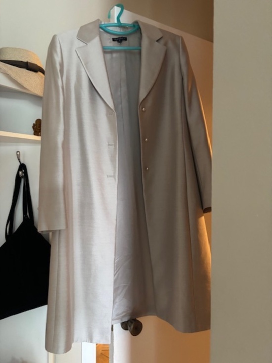 🔥 TAHARI Champagne Silver Silk Blend Duster Coat Blazer Jacket Size 8 Lined 💎 - Picture 3 of 3